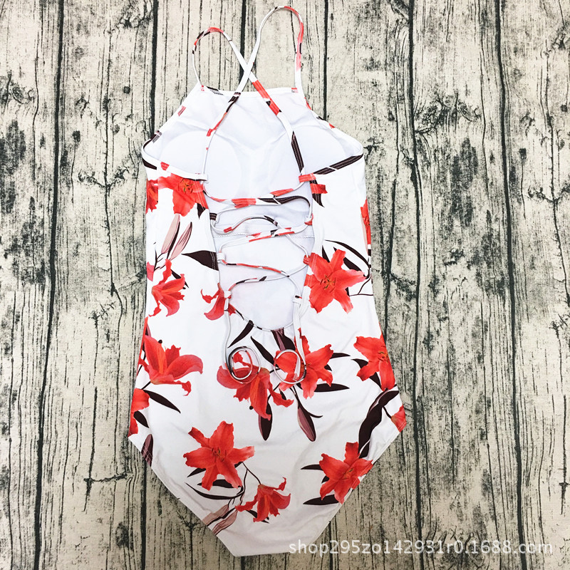 F4669-5Criss Cross Back Red Lily One-Piece Swimsuit